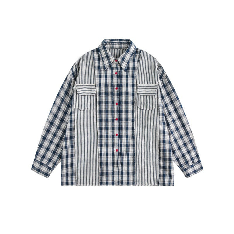 National Trend Multi-Check Pattern Patch Pocket Loose Lazy Style Long Sleeve Shirt