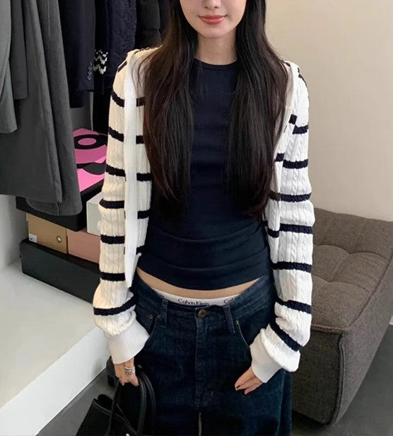 Navy Blue Striped Hooded Cable Knit Cardigan Coat for Women, Style Outfit Sweater Top