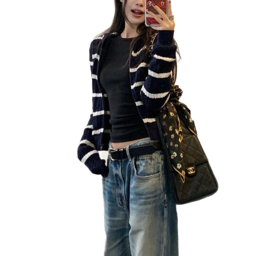 Navy Blue Striped Hooded Cable Knit Cardigan Coat for Women,  Style  Outfit Sweater Top