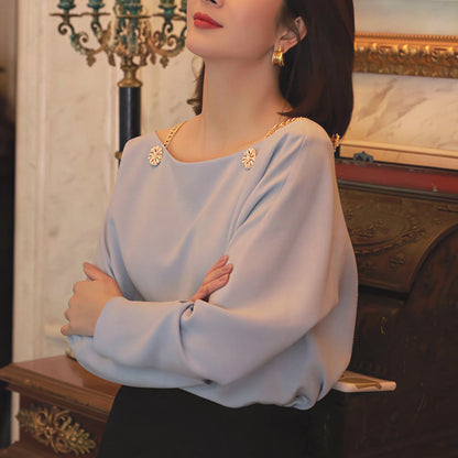 Elegant One-Shoulder Metal Chain Design Long Sleeve T-Shirt Women's Top