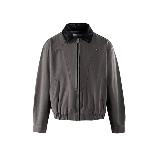 Spliced PU Leather Lapel Design Unisex Loose Jacket