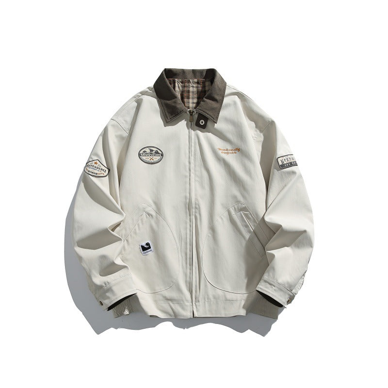 Color-blocked Turn-down Collar Loose Casual Versatile Trendy Jacket