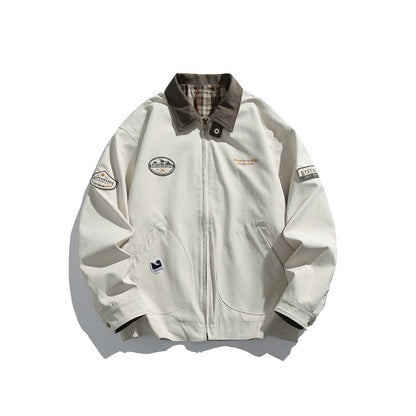 Color-blocked Turn-down Collar Loose Casual Versatile Trendy Jacket