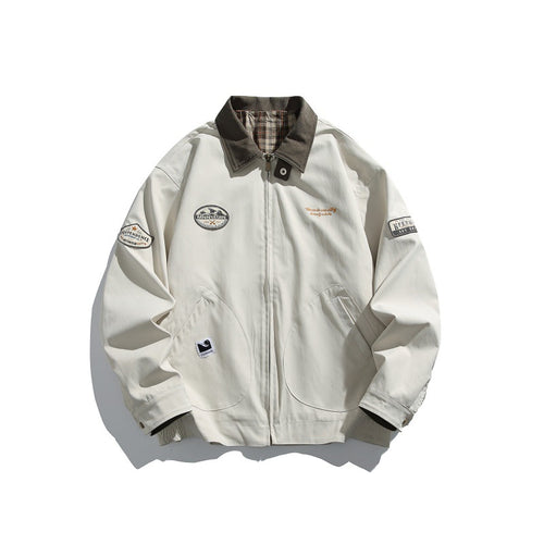 Color-blocked Turn-down Collar Loose Casual Versatile Trendy Jacket