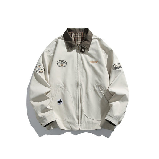 Color-blocked Turn-down Collar Loose Casual Versatile Trendy Jacket