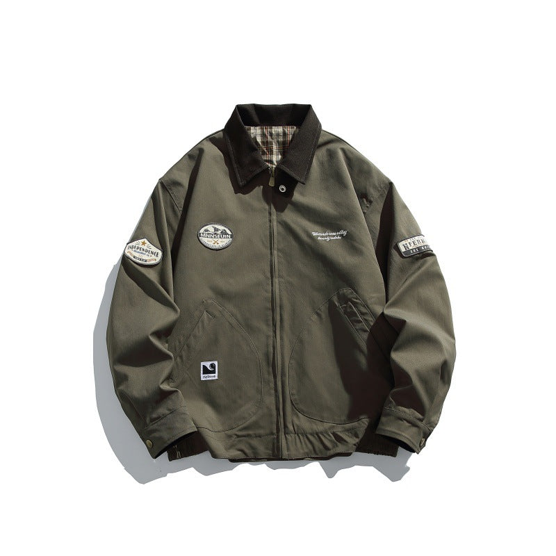 Color-blocked Turn-down Collar Loose Casual Versatile Trendy Jacket