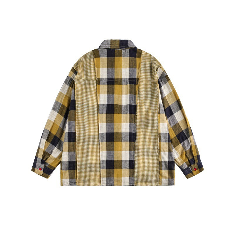 National Trend Multi-Check Pattern Patch Pocket Loose Lazy Style Long Sleeve Shirt