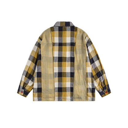 National Trend Multi-Check Pattern Patch Pocket Loose Lazy Style Long Sleeve Shirt