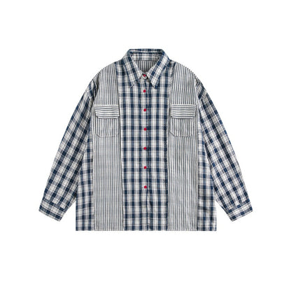 National Trend Multi-Check Pattern Patch Pocket Loose Lazy Style Long Sleeve Shirt