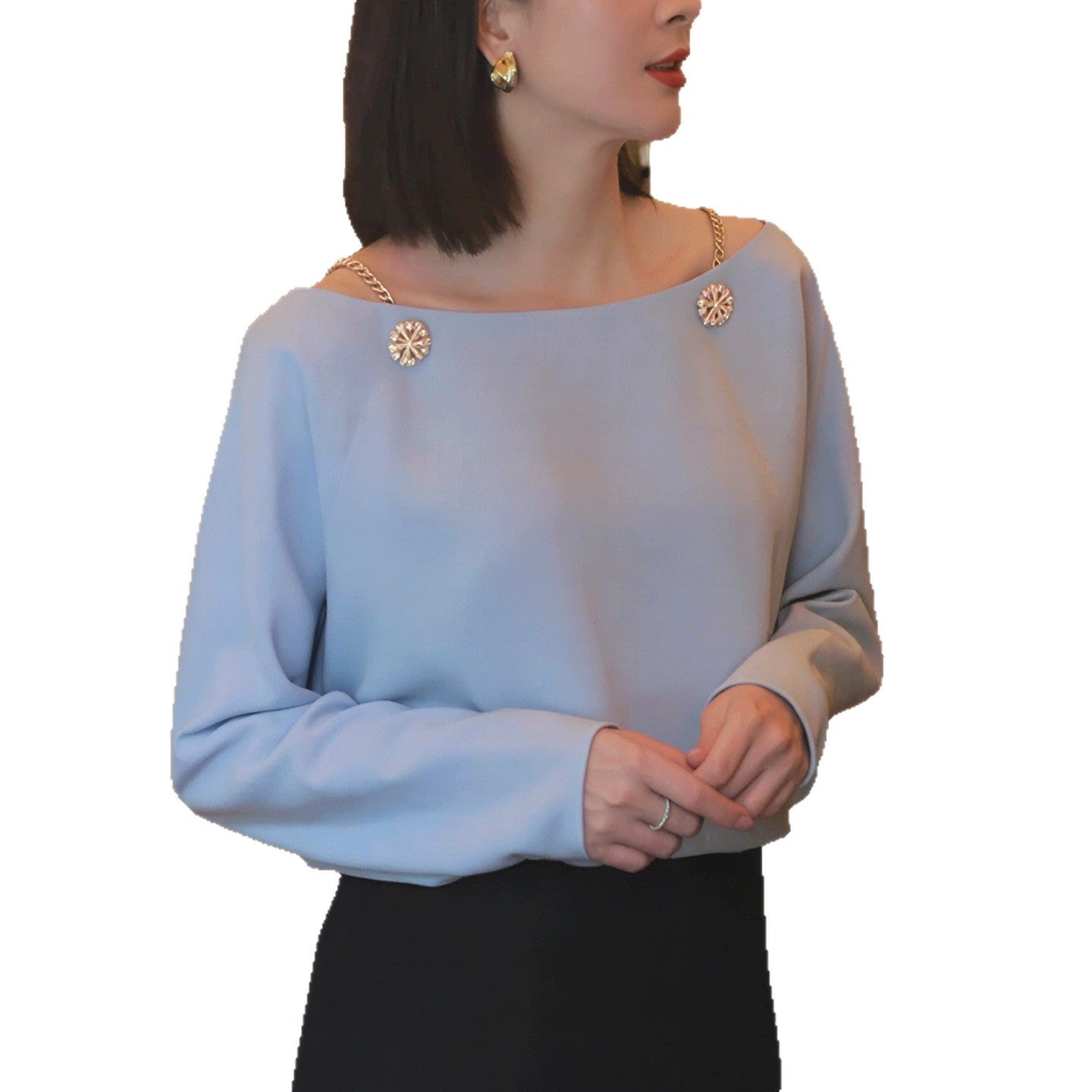 Elegant One-Shoulder Metal Chain Design Long Sleeve T-Shirt Women's Top