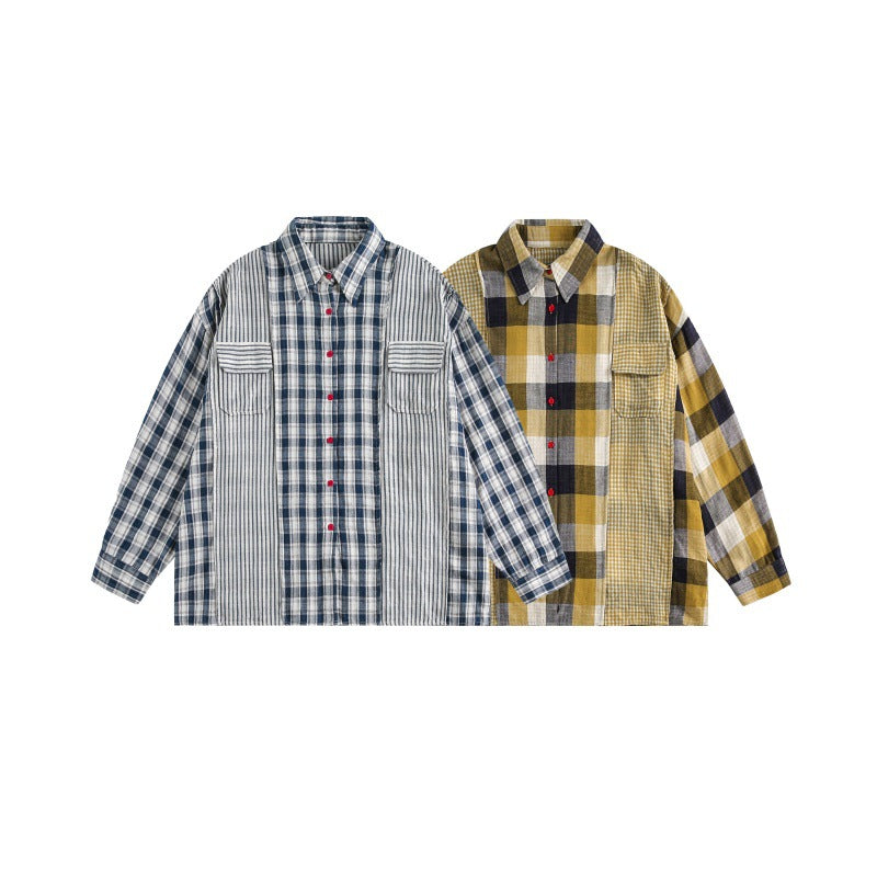 National Trend Multi-Check Pattern Patch Pocket Loose Lazy Style Long Sleeve Shirt