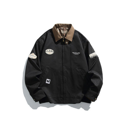 Color-blocked Turn-down Collar Loose Casual Versatile Trendy Jacket