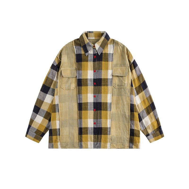 National Trend Multi-Check Pattern Patch Pocket Loose Lazy Style Long Sleeve Shirt