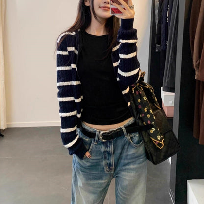 Navy Blue Striped Hooded Cable Knit Cardigan Coat for Women,  Style  Outfit Sweater Top