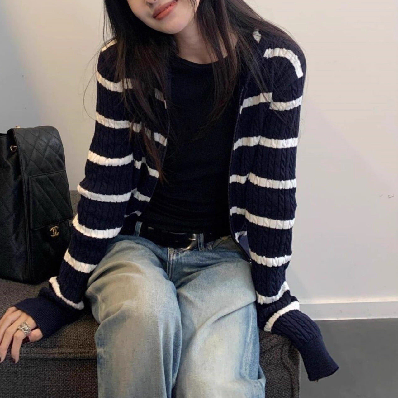 Navy Blue Striped Hooded Cable Knit Cardigan Coat for Women,  Style  Outfit Sweater Top