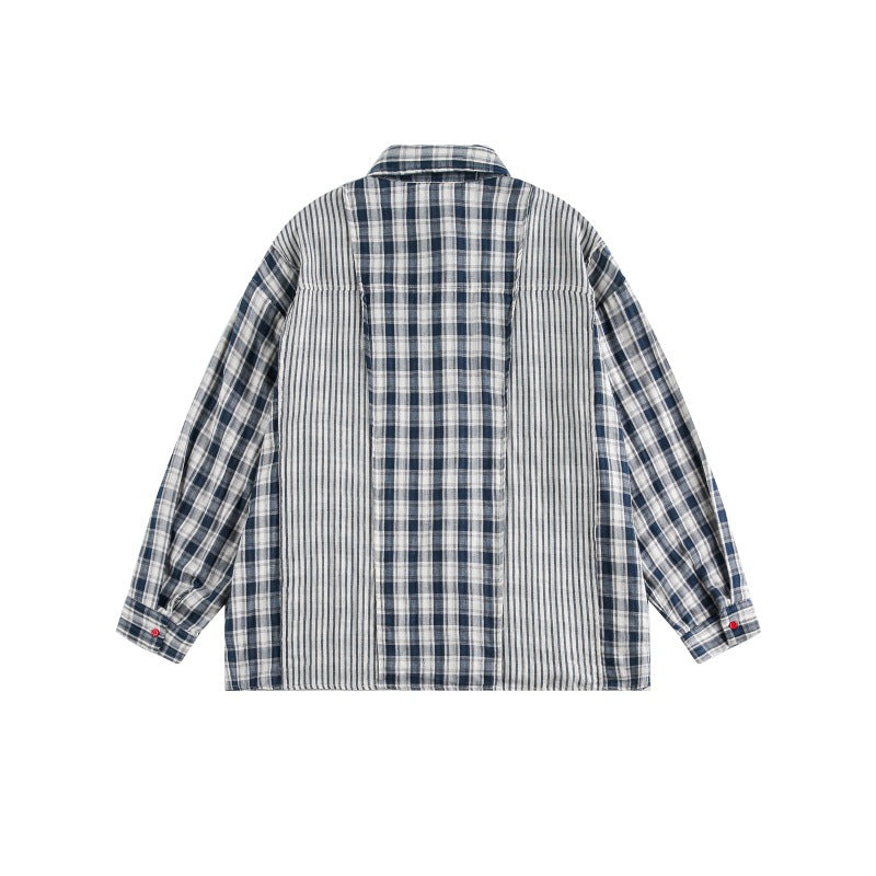 National Trend Multi-Check Pattern Patch Pocket Loose Lazy Style Long Sleeve Shirt