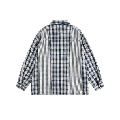National Trend Multi-Check Pattern Patch Pocket Loose Lazy Style Long Sleeve Shirt