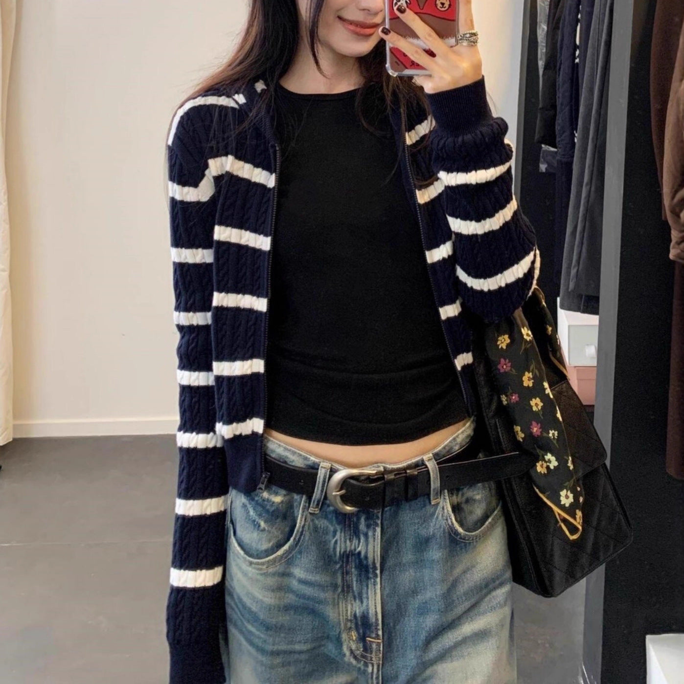 Navy Blue Striped Hooded Cable Knit Cardigan Coat for Women,  Style  Outfit Sweater Top