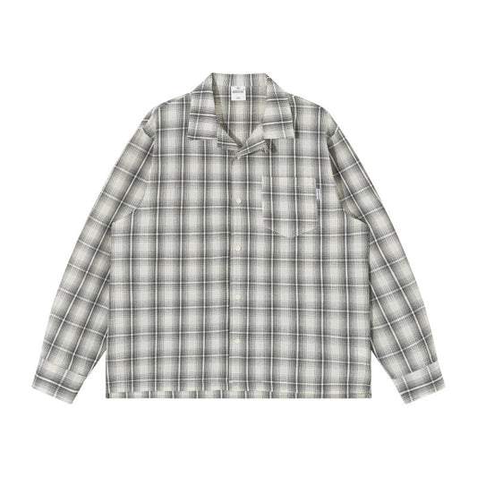Patch Pocket Gauze Checkered Cuban Collar Loose Long Sleeve Shirt