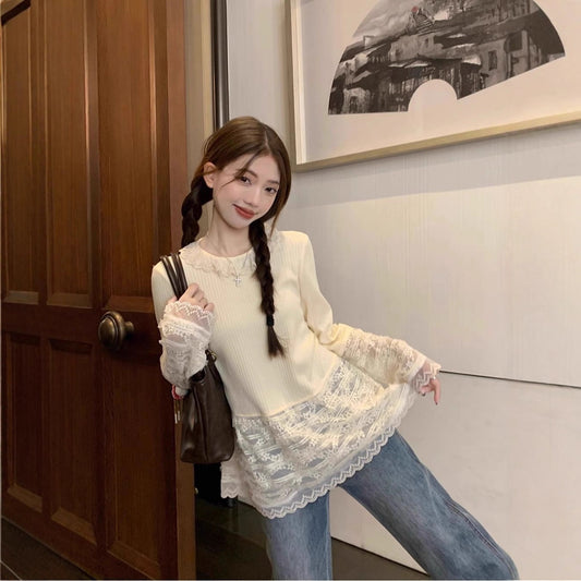 Sweet Cool Style Lace Trim Knit Top for Women