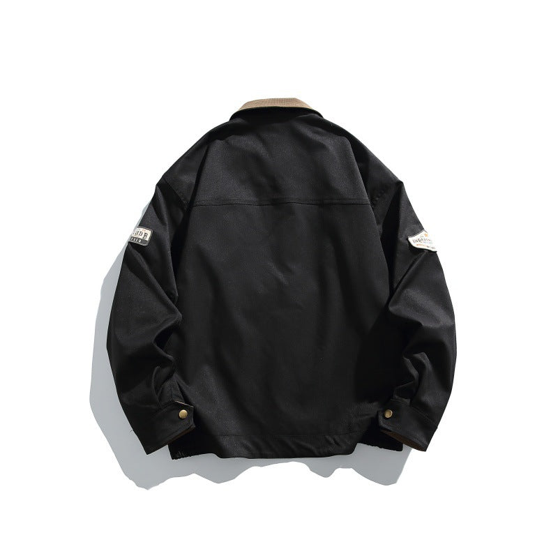Color-blocked Turn-down Collar Loose Casual Versatile Trendy Jacket