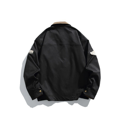 Color-blocked Turn-down Collar Loose Casual Versatile Trendy Jacket