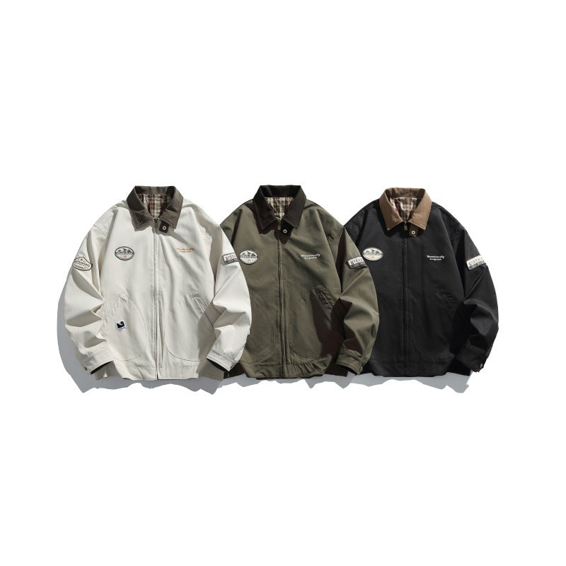 Color-blocked Turn-down Collar Loose Casual Versatile Trendy Jacket