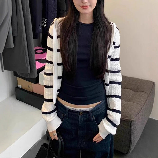 Navy Blue Striped Hooded Cable Knit Cardigan Coat for Women,  Style  Outfit Sweater Top