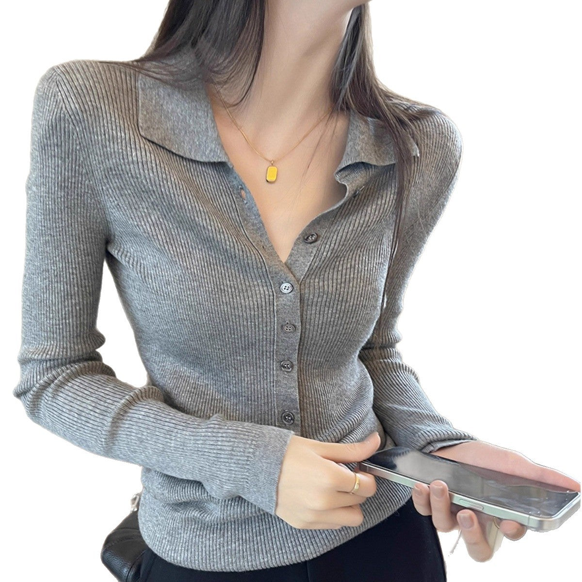Laziness Style Knit Cardigan with Turn-down Collar Long Sleeve for Women  Gray Soft and Versatile Top